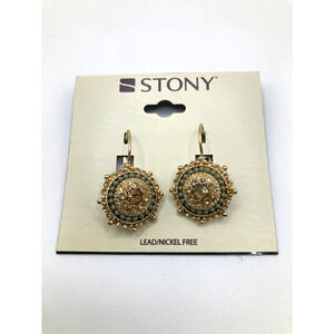 STONY Gold Tone Shimmery Teal Beaded Rhinestone Boho Circle Drop Earrings